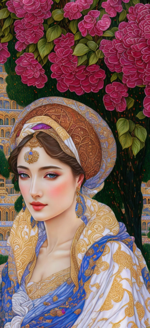 Digital artwork featuring woman in decorative headscarf and jewelry against floral backdrop