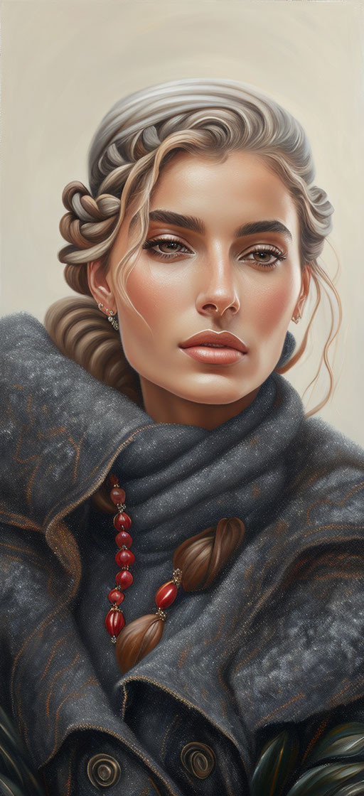 Detailed digital portrait of woman with braided hair and grey scarf in warm earthy tones