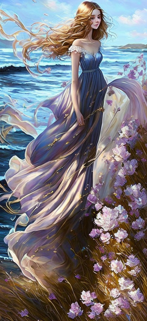Illustrated woman with long hair in purple dress by the sea and blooming flowers
