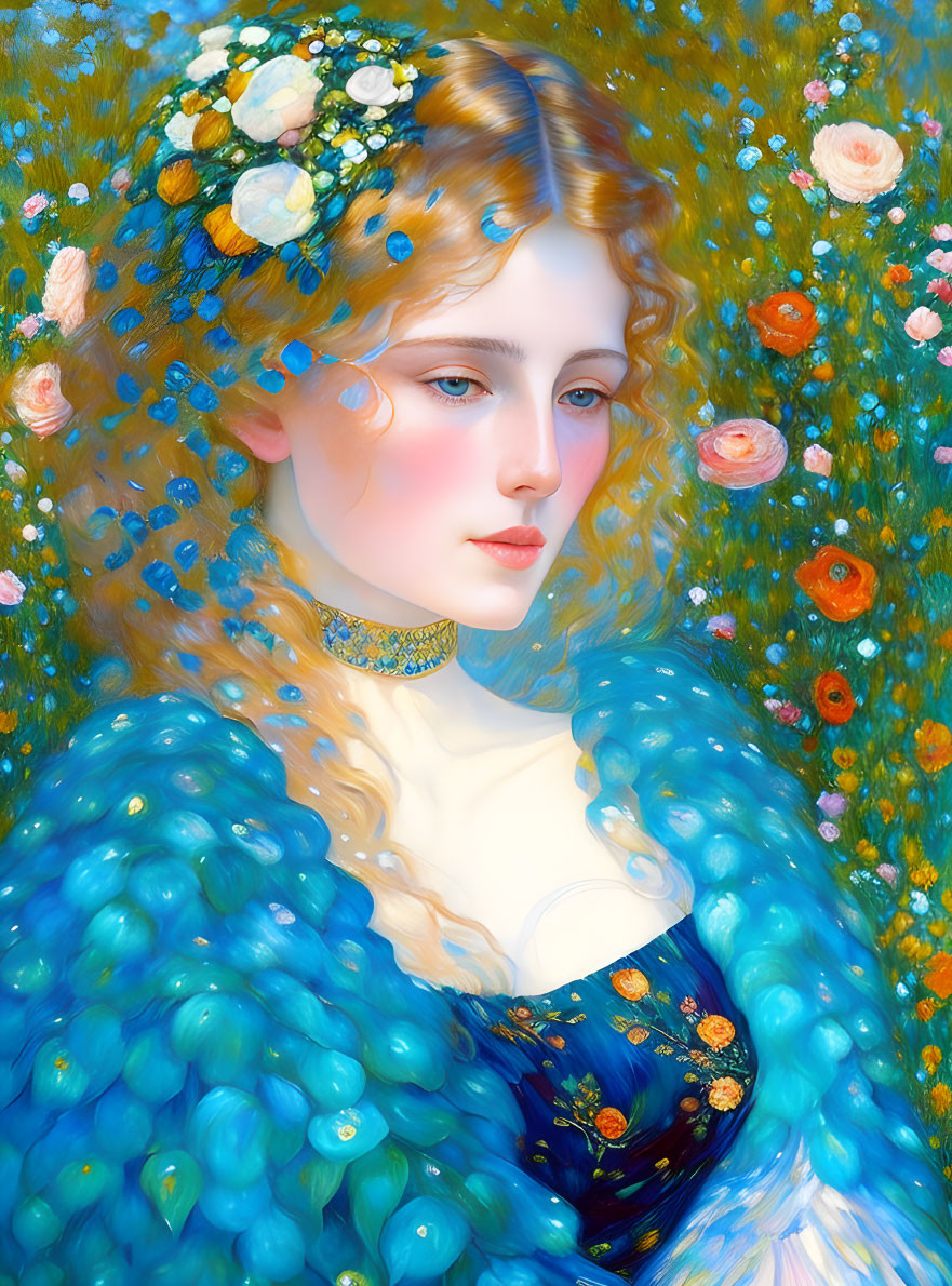 Digital painting of woman with fair skin and blue eyes in blue dress among vibrant flowers