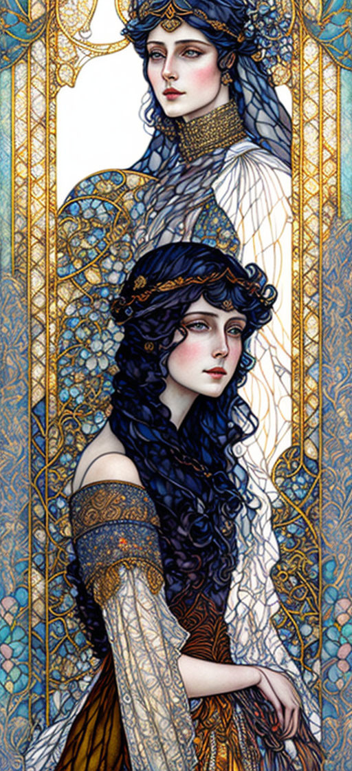 Art Nouveau style image: Two women in intricate attire against stained glass backdrop