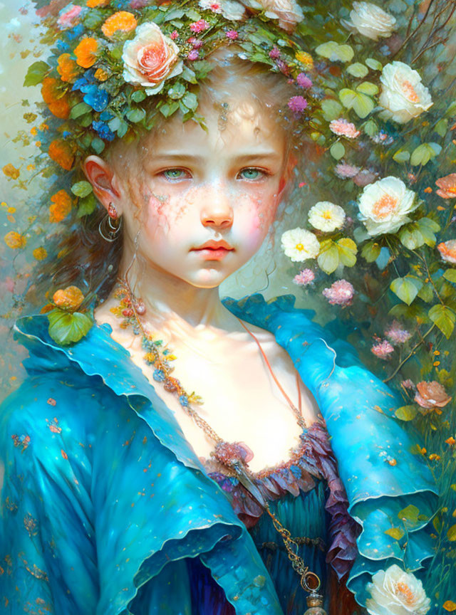 Young girl with floral crown in turquoise outfit, surrounded by lush flowers