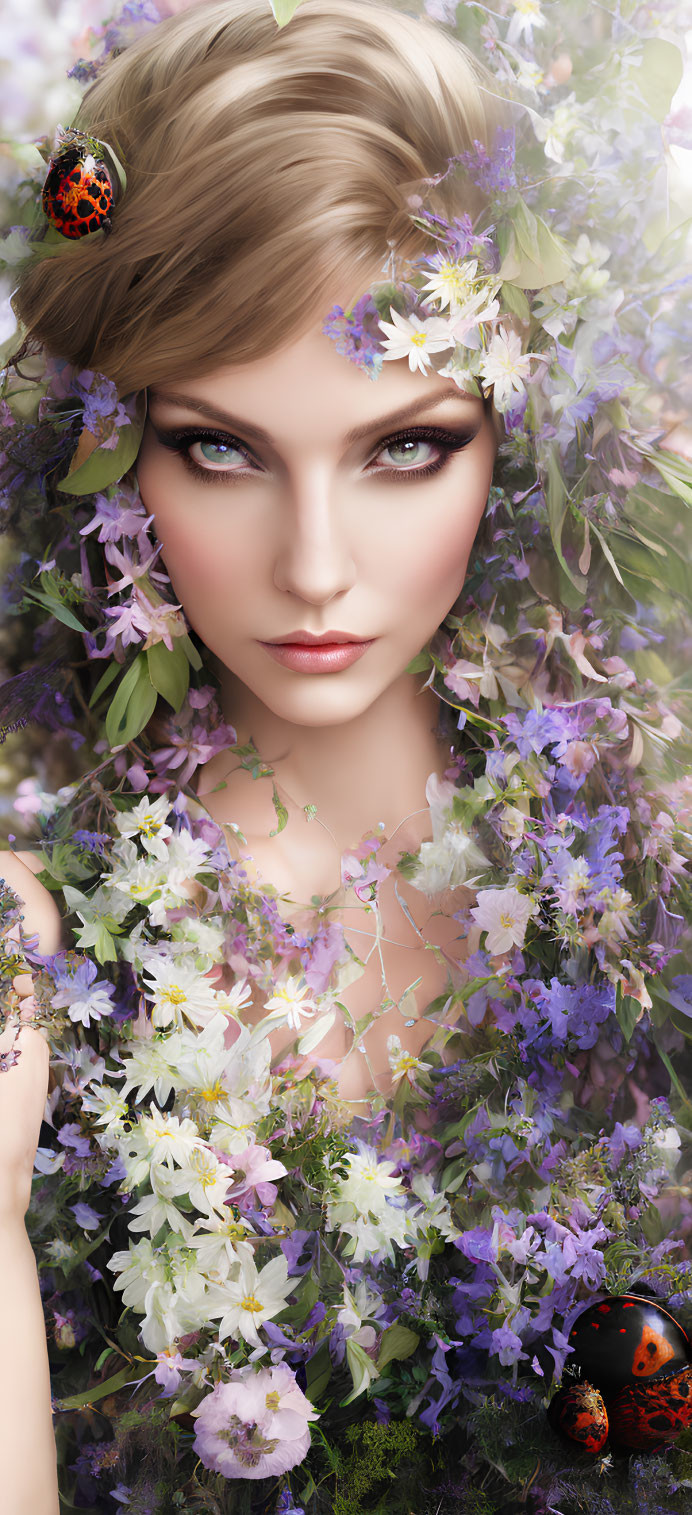Digital artwork featuring a woman with blue eyes, surrounded by purple and white flowers and ladybugs.