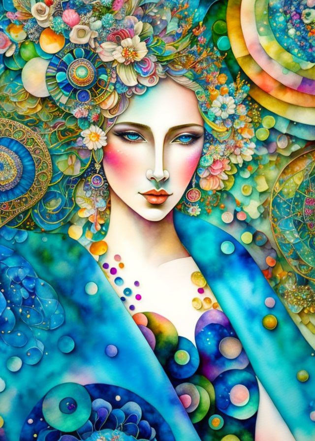 Colorful Woman Illustration with Floral Motifs and Blue Cloak