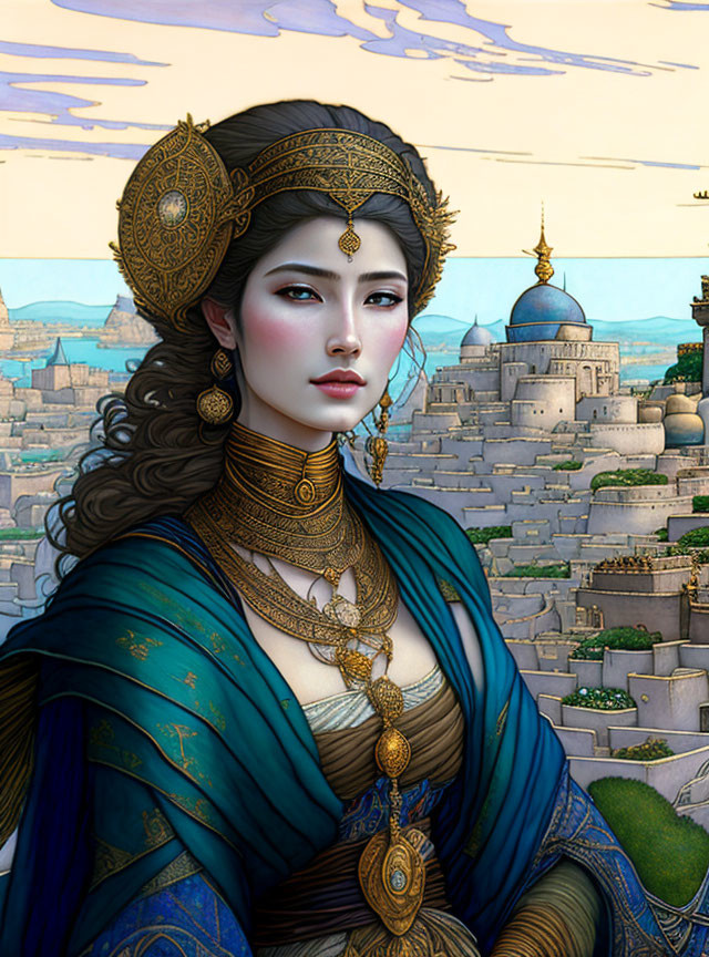 Detailed illustration of woman in traditional attire with gold jewelry in ancient city setting