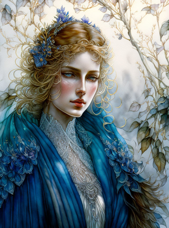 Intricate golden curls and blue floral adornments on female figure in blue cloak surrounded by vines