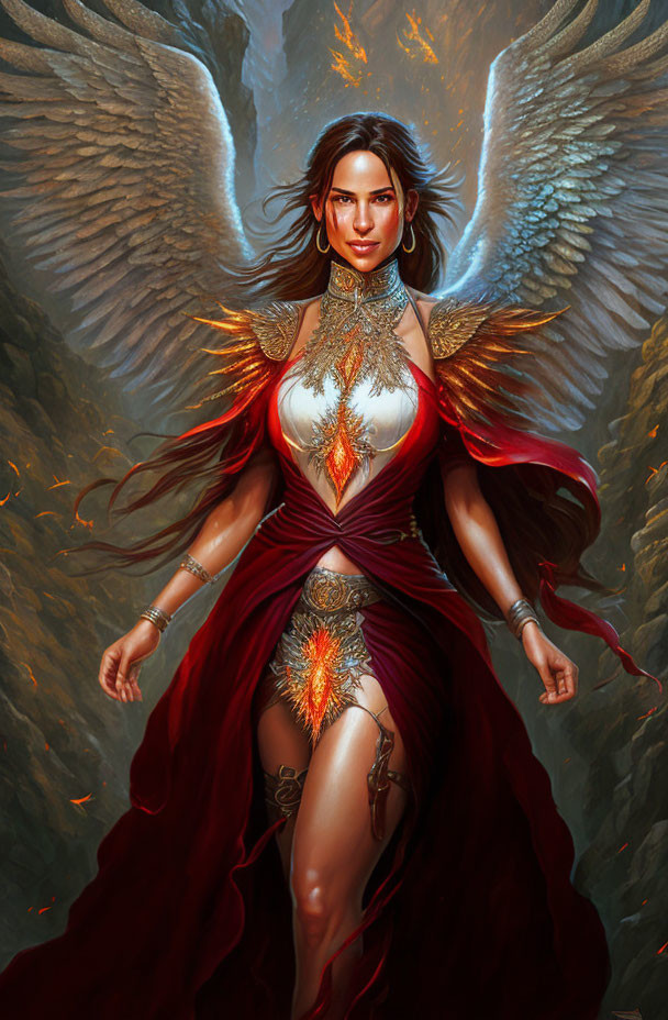Majestic female figure in red and gold armored dress with angelic wings