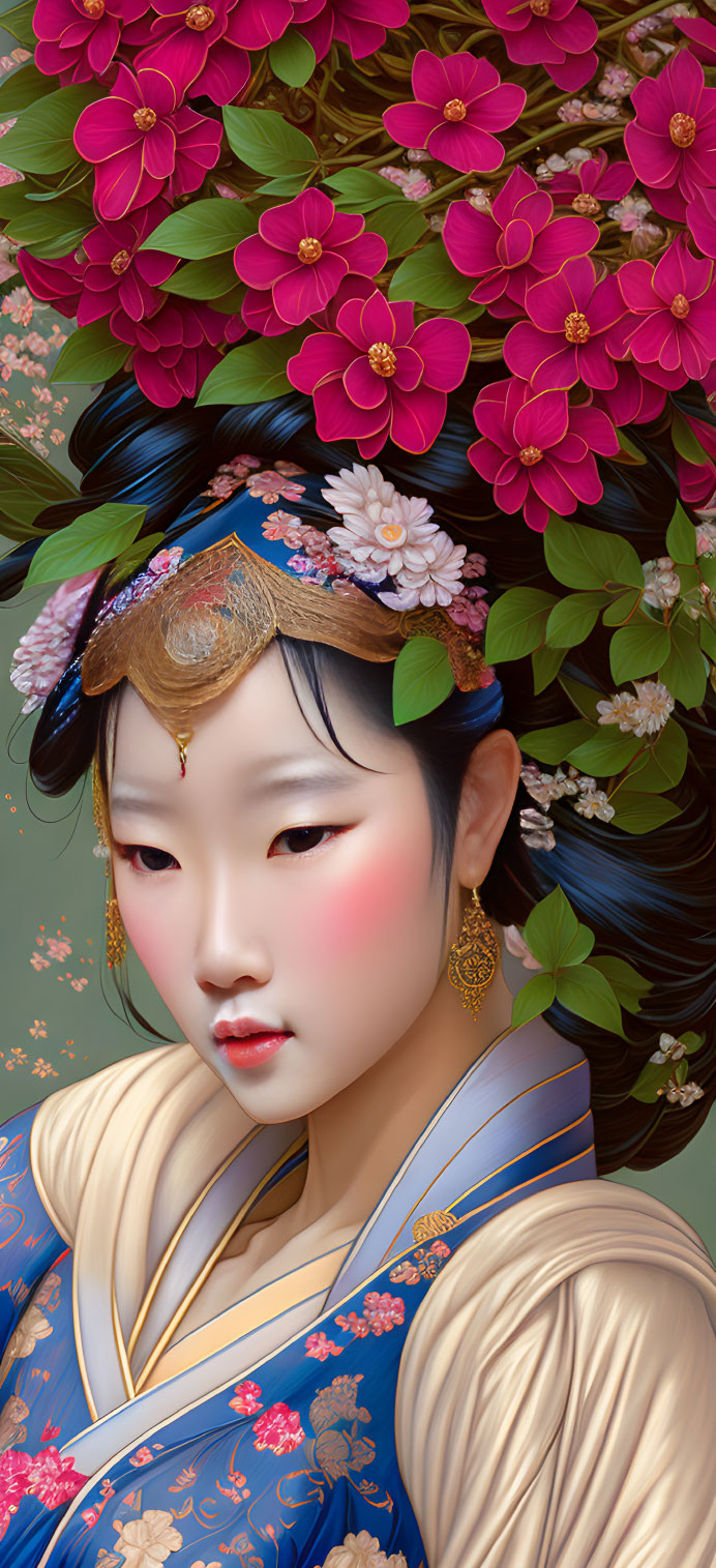 Detailed illustration of woman with crown and pink flowers, in blue and gold traditional attire among lush red bloss