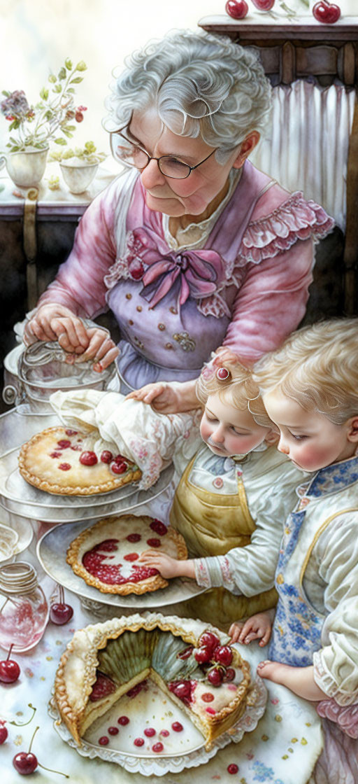 Elderly Woman and Children Decorating Pies in Kitchen