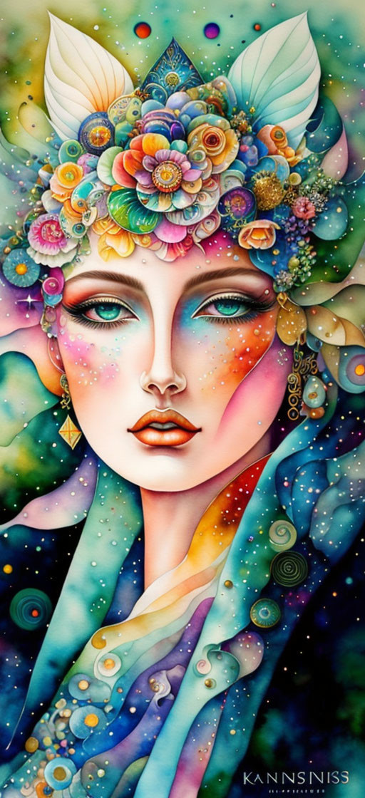 Vibrant artistic illustration: Woman's face with floral and celestial motifs