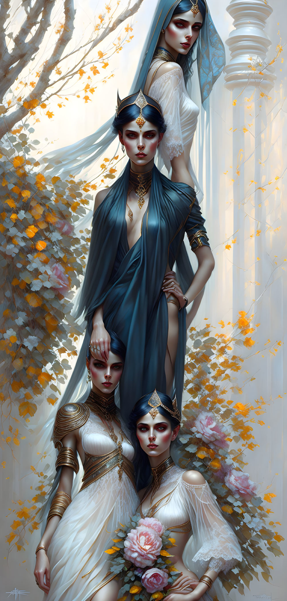 Three Elegant Fantasy Women in Ornate Attire Among Autumnal Trees