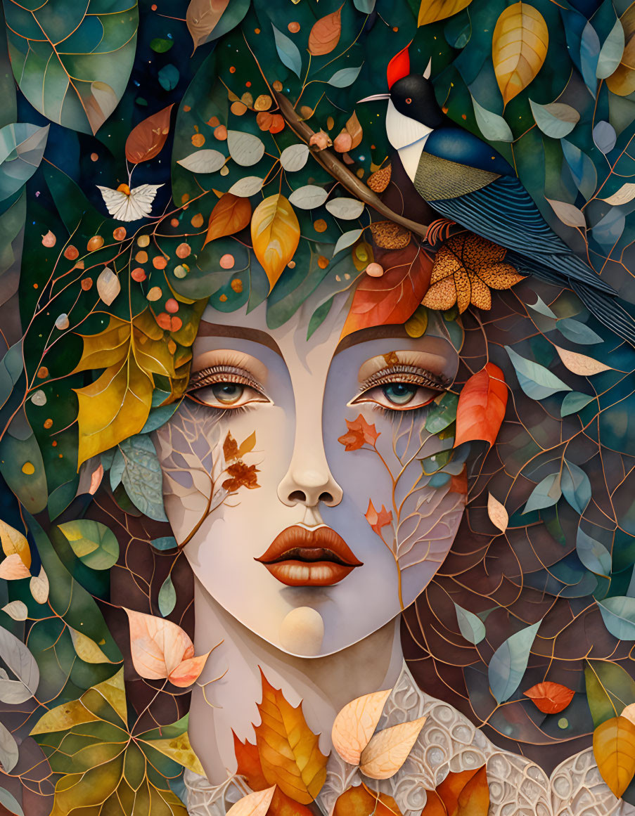 Illustration of woman's face merging with nature and autumn leaves, bird perched above eye