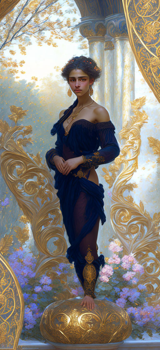 Elegant woman in navy gown with golden embellishments against ornate floral backdrop