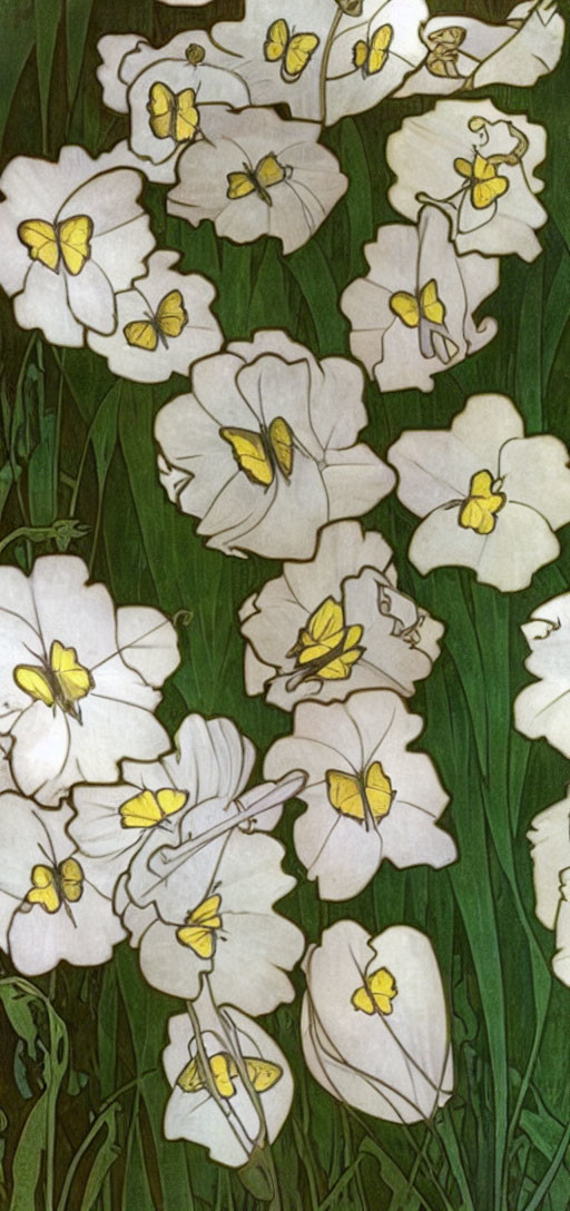 Art Nouveau Style Vertical Floral Illustration with White Flowers and Yellow Butterflies