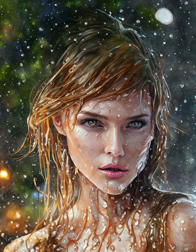 Woman with wet hair and intense gaze in digital painting.