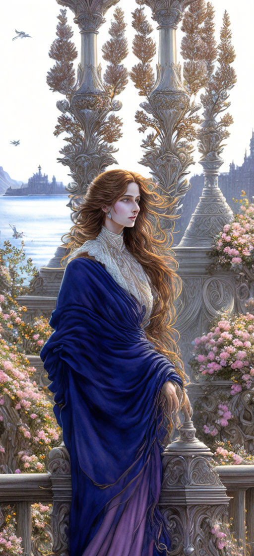 Woman in Blue Robe by Stone Balustrade with Castle and Sea Background