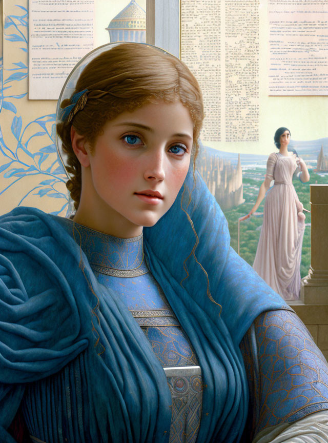 Digital painting: Young woman in blue attire with headband, ancient cityscape, and second woman in