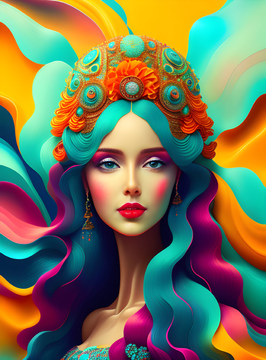 Colorful Illustration: Woman with Turquoise Hair and Orange Headpiece