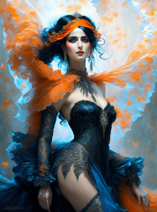 Ethereal woman with striking makeup and ornate headband in blue and orange fabrics