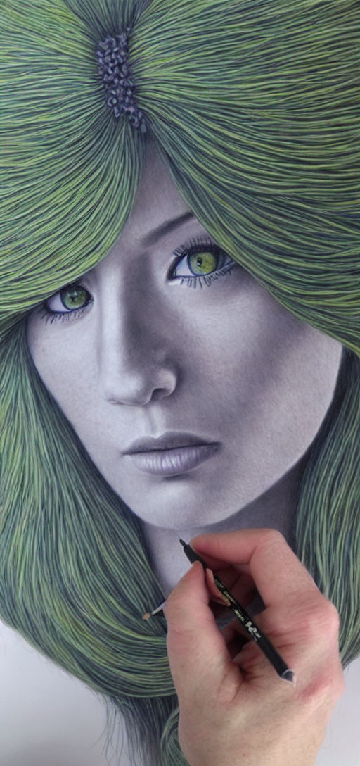 Detailed Hand-Drawn Portrait of Woman with Green Hair and Eyes