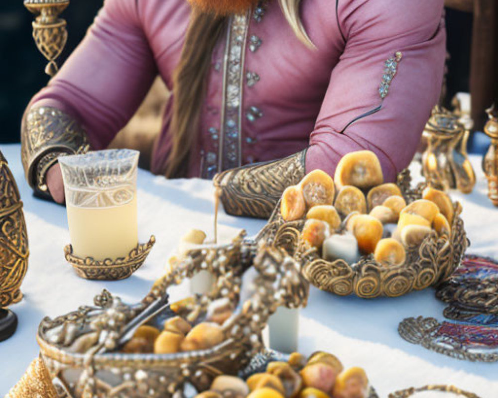 Traditional Middle Eastern attire man sitting at ornate table with pastries and glass.