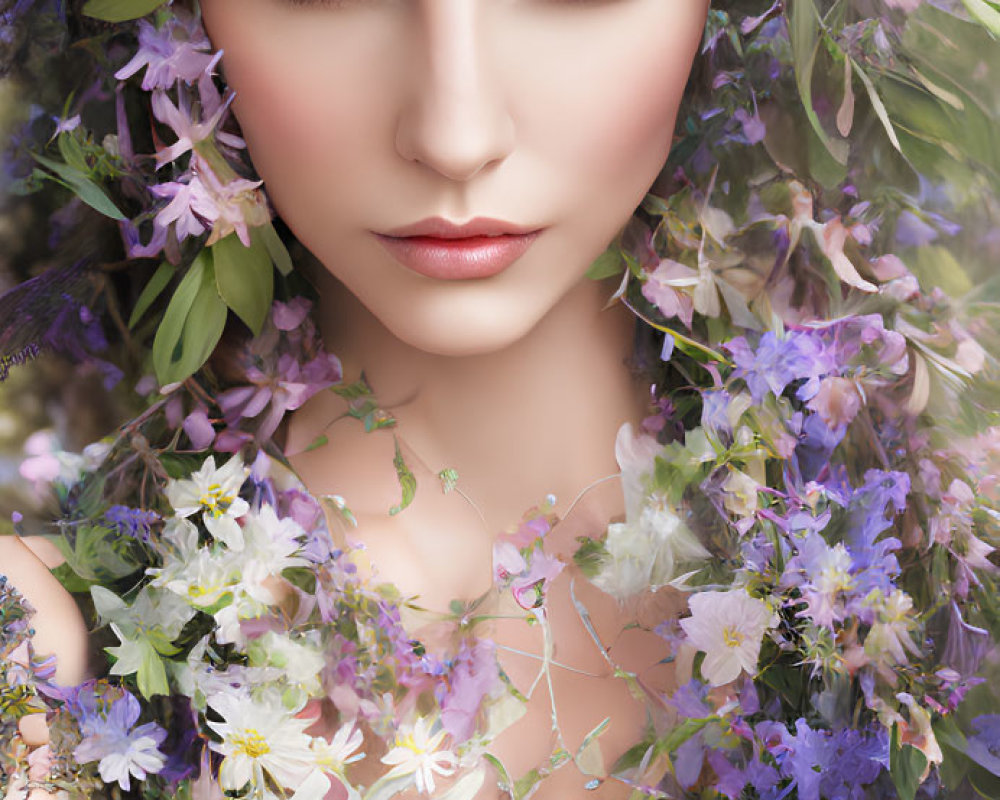 Digital artwork featuring a woman with blue eyes, surrounded by purple and white flowers and ladybugs.