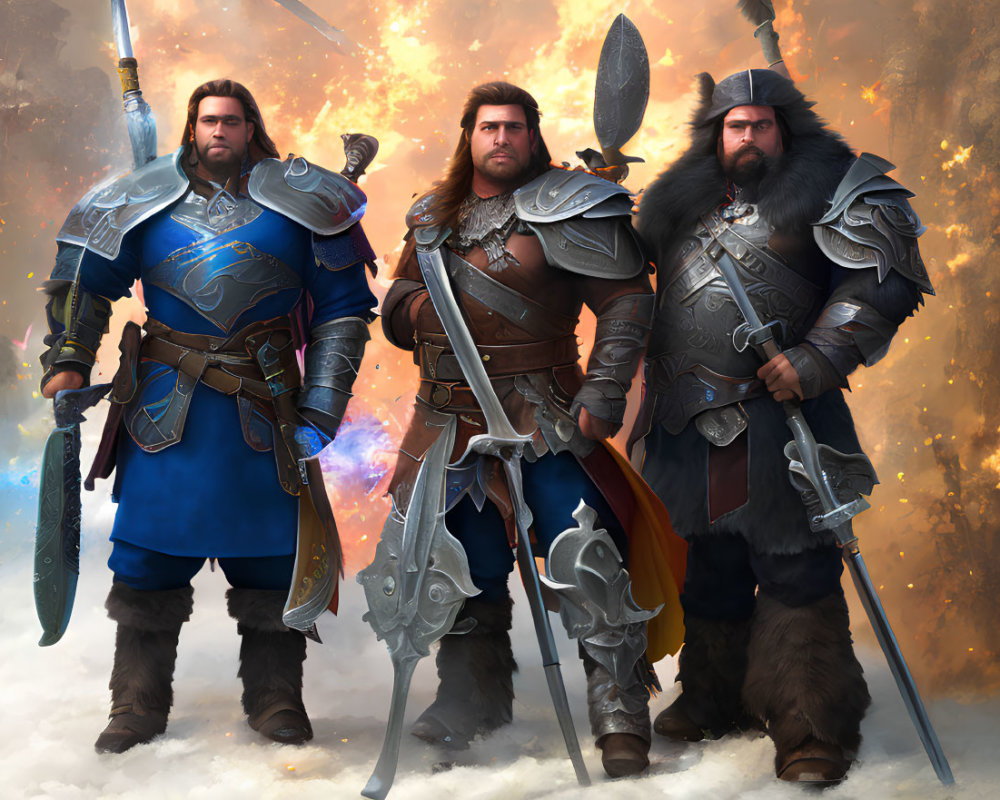 Three fantasy warriors in ornate armor with swords and spear against dramatic backdrop