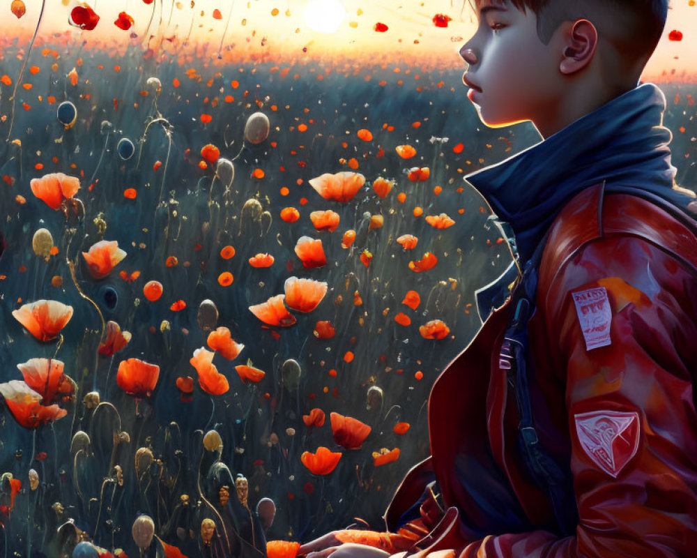 Boy in Red Jacket Standing in Poppy Field at Sunset