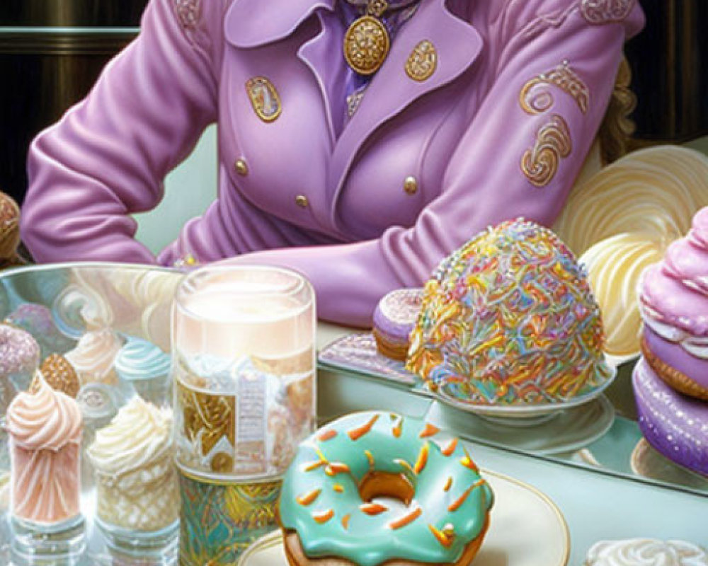Stylized illustration of woman in lavender outfit at pastry-filled table