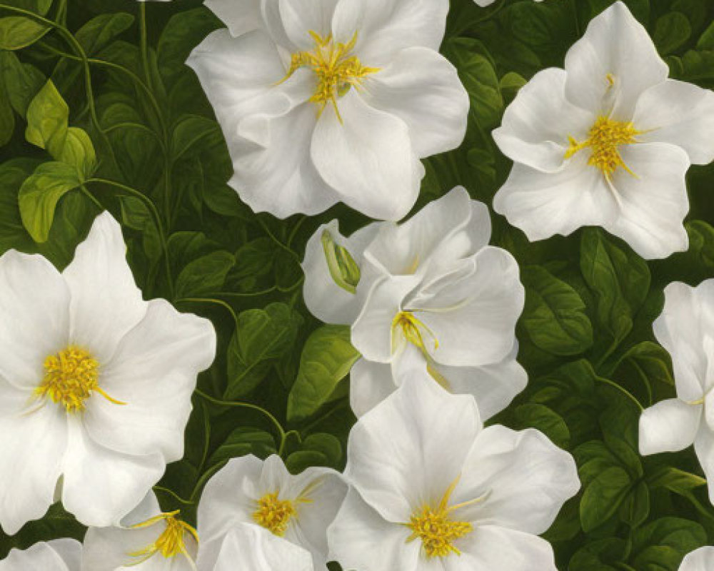 White Flowers with Yellow Centers Surrounded by Green Leaves
