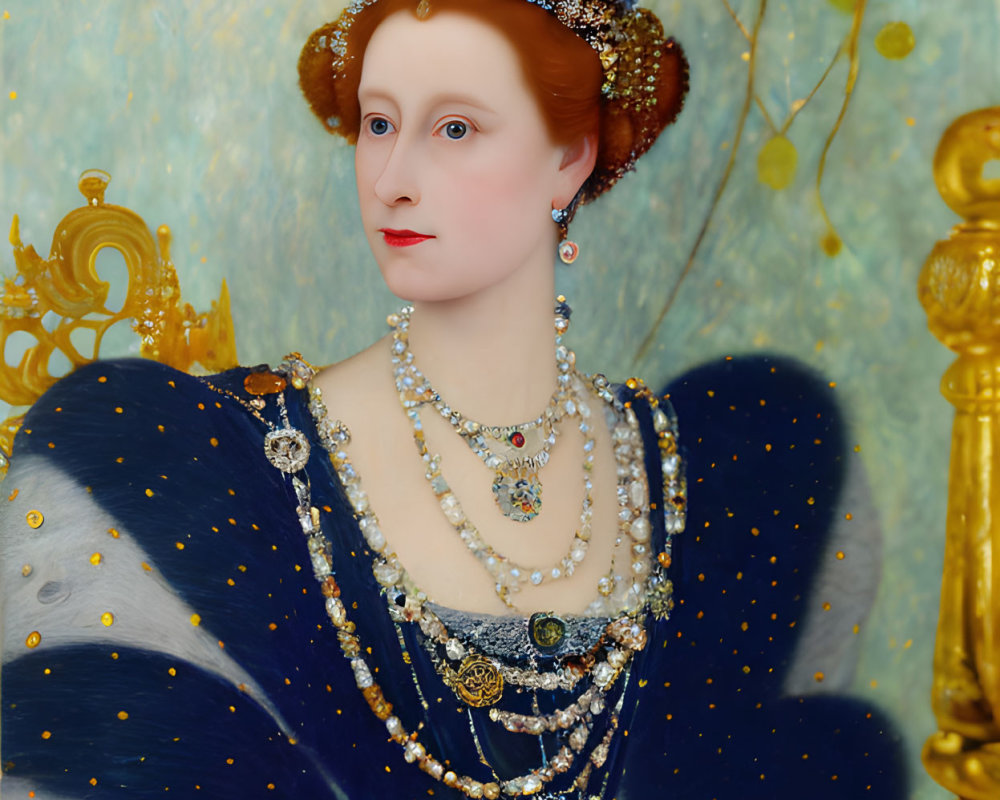 Portrait of woman in ornate crown and blue gown with pearls on gold backdrop
