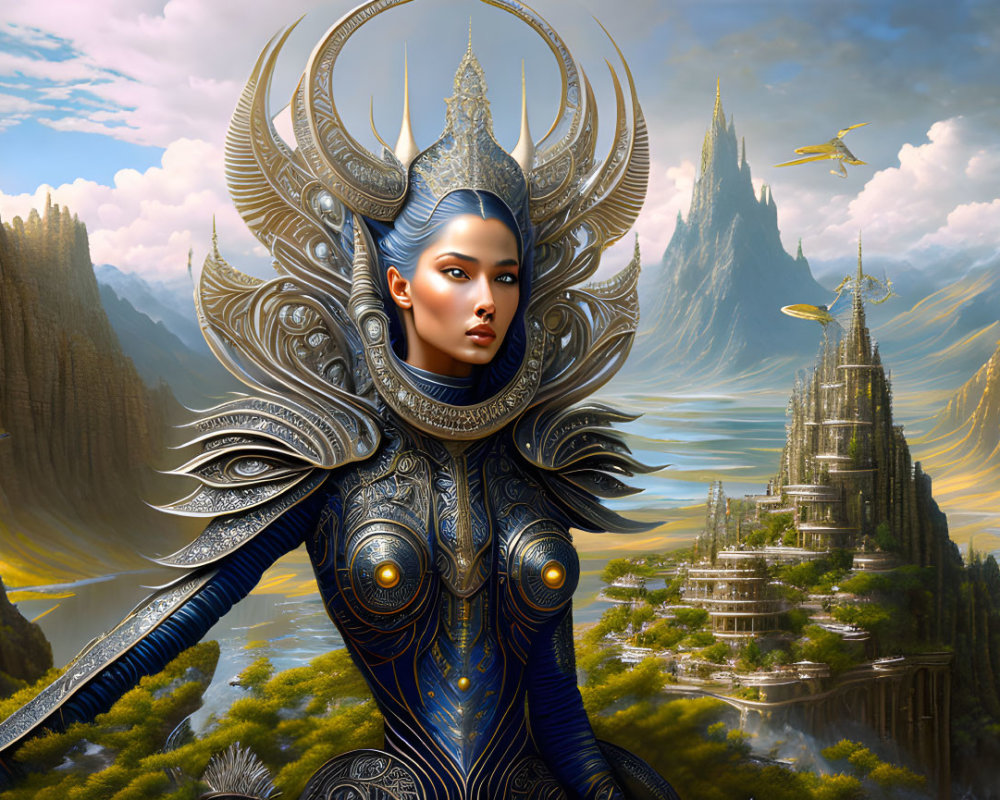 Regal woman in blue-silver armor with majestic headdress in fantasy landscape