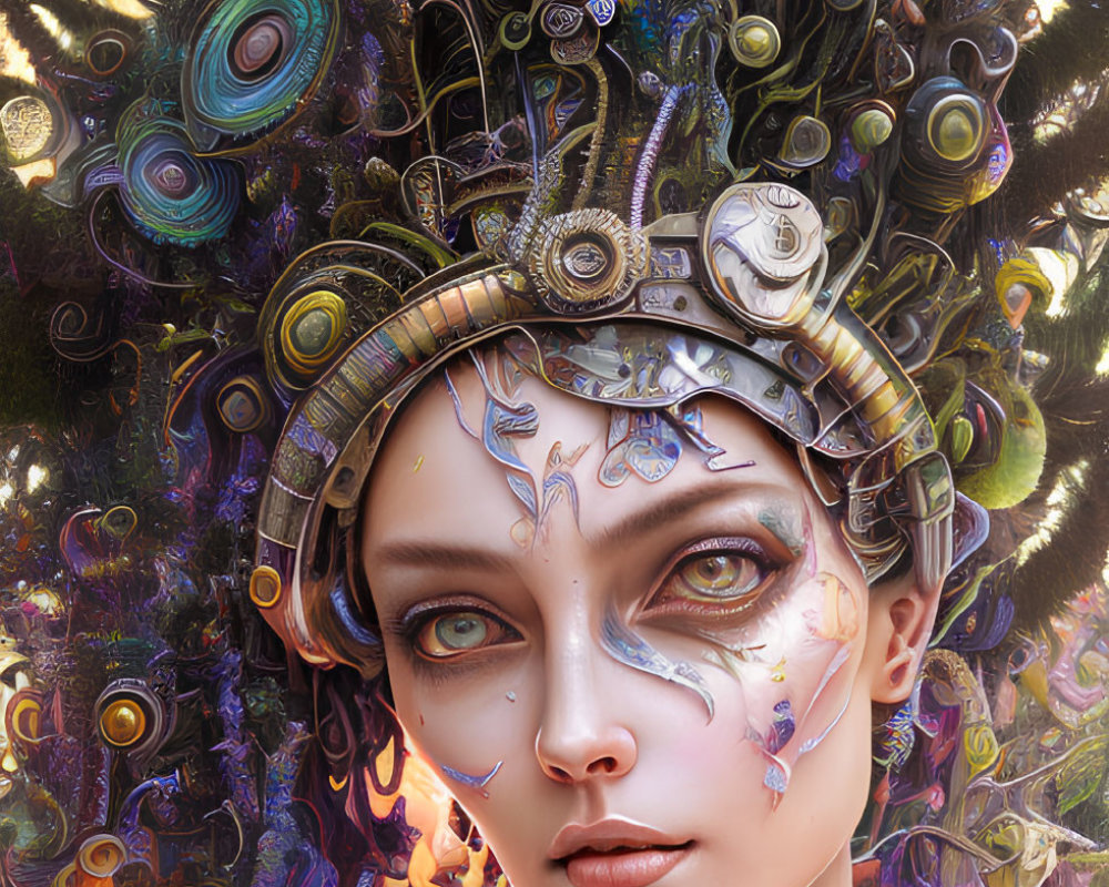 Digital artwork of woman with colorful headdress against fantastical flora