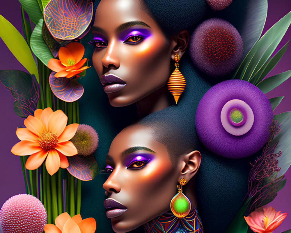 Colorful Illustration of Two Women with Vibrant Makeup and Exotic Flowers