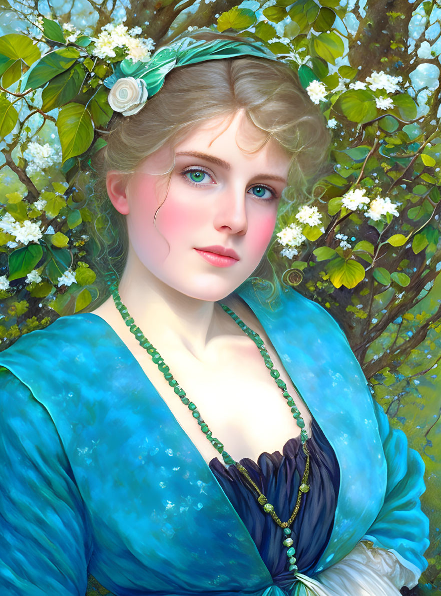 Portrait of woman with blue eyes and blonde hair in blue dress with white flower, set against blooming