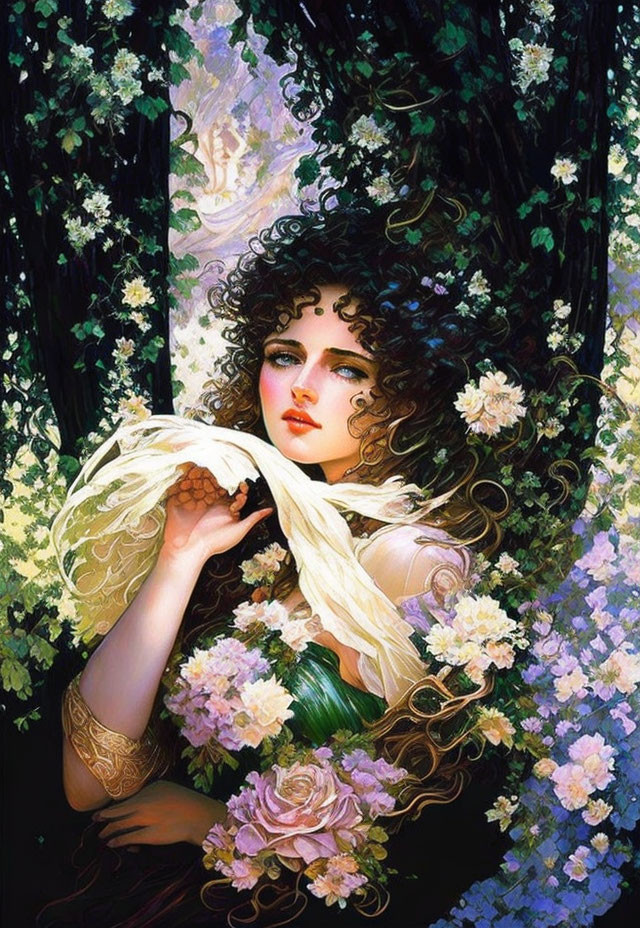 Curly-haired woman surrounded by flowers holding a scarf
