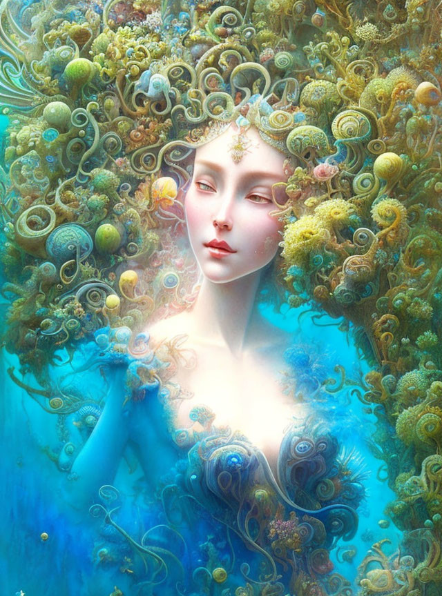 Fantasy image: Woman in sea-inspired attire with elaborate headdress in vibrant blues and greens