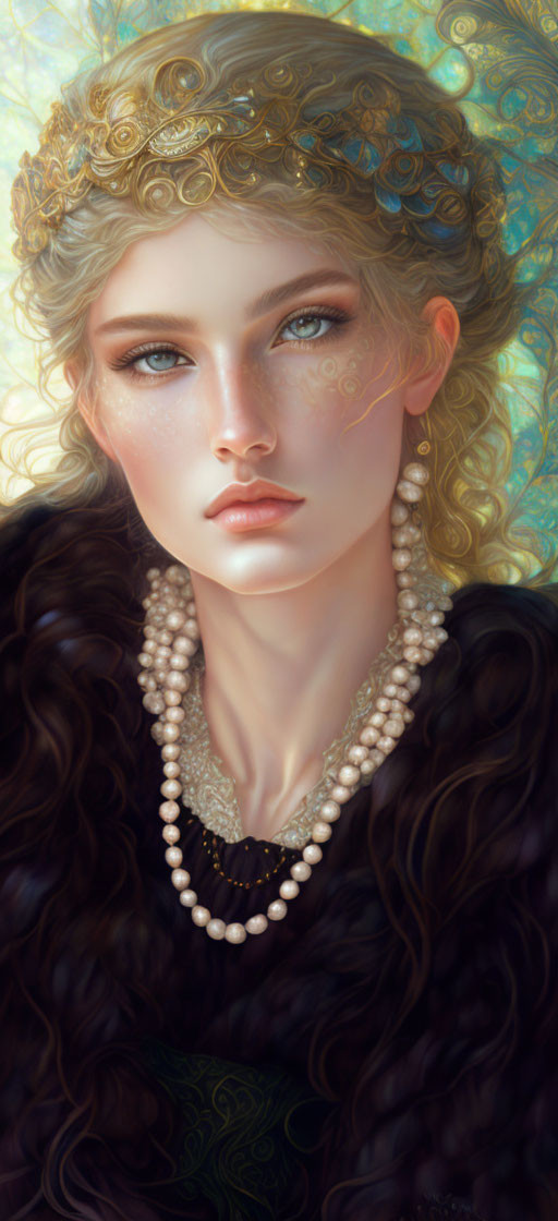 Portrait of Woman with Gold Headwear, Blond Curls, Blue Eyes, Pearl Necklace, and Dark