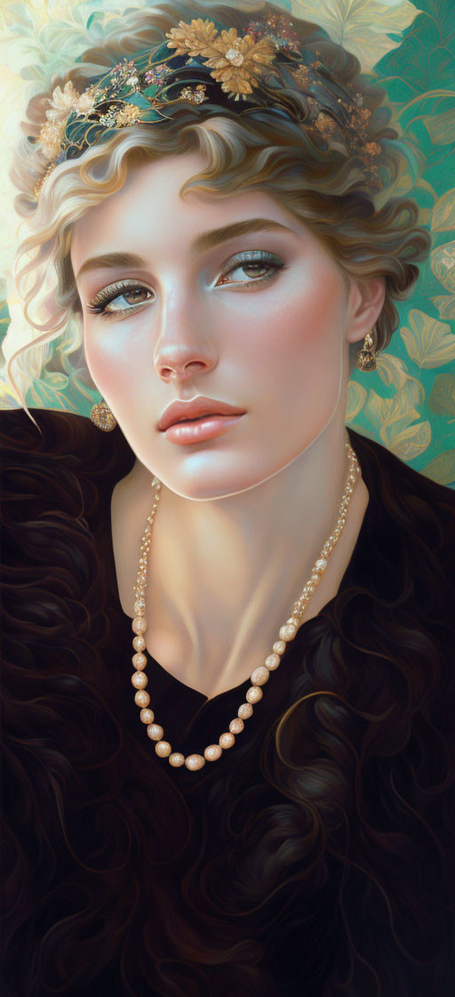 Digital artwork of woman with wavy dark hair, blue eyes, floral headband, pearl necklace,