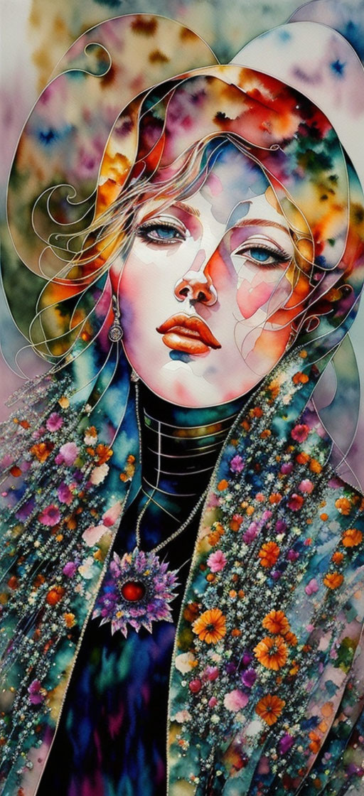 Vibrant illustration of woman with flowing hair and floral shawl