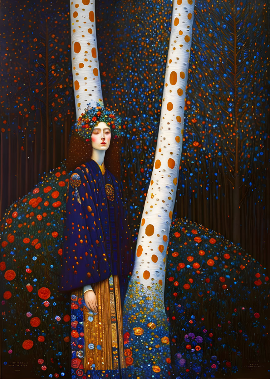 Intricate Blue and Orange Attire in Whimsical Forest