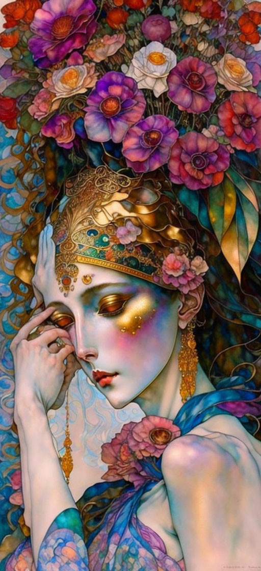 stunning beautiful maiden watercolor and gold line