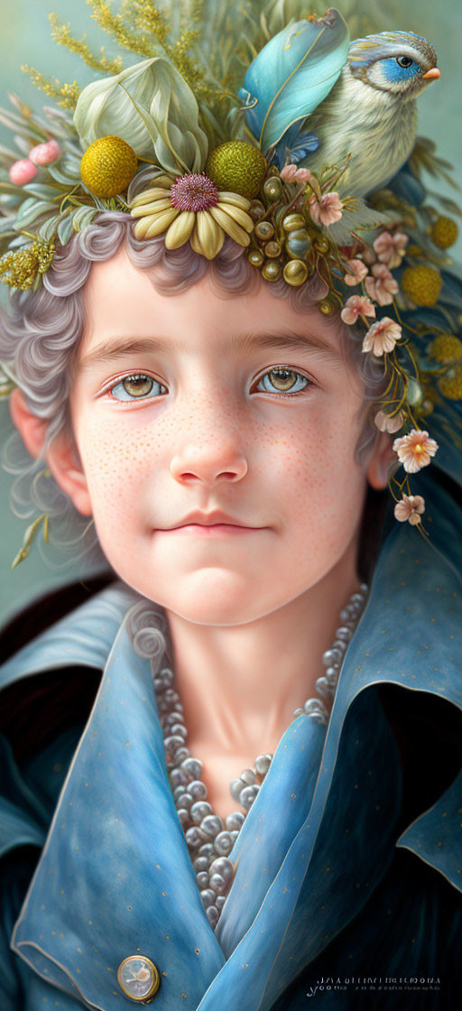 Portrait of Child with Gray Hair, Blue Cloak, Floral Wreath, Berry Accents,