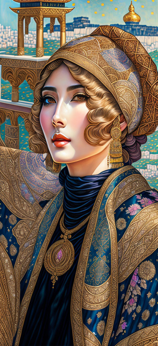 Woman in Ornate Golden Headgear and Blue Robe Against Traditional Architecture