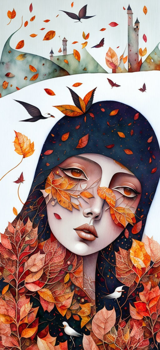Surreal portrait of a woman with autumn elements blending harmoniously