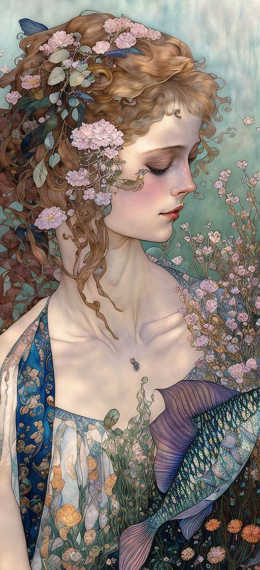 Illustration of woman with curly hair and flowers, exuding ethereal beauty
