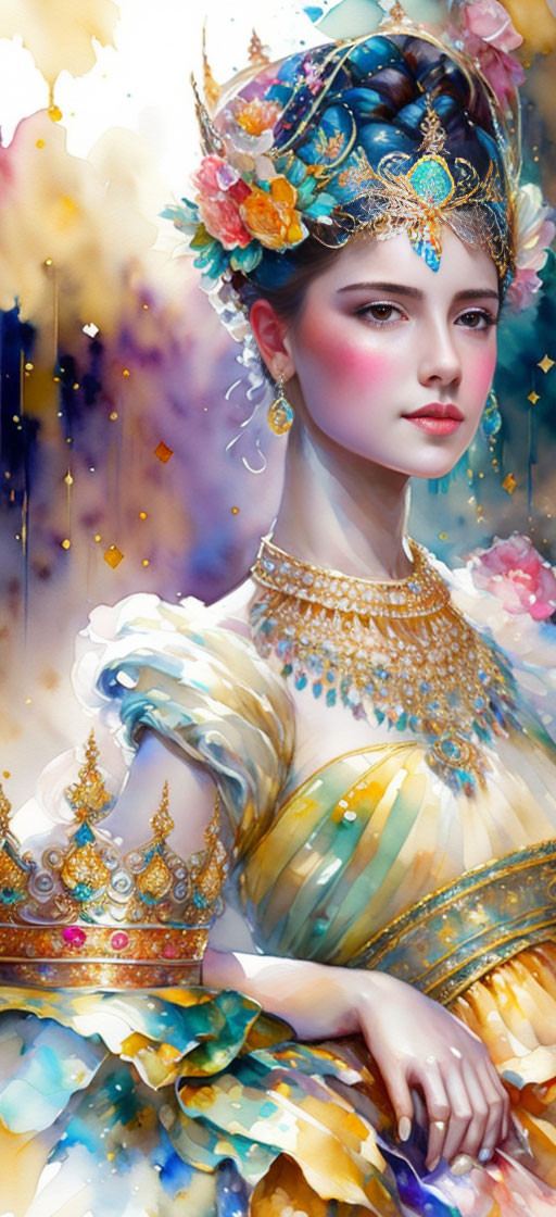 Ornate Headdress and Floral Attire on Elegant Woman