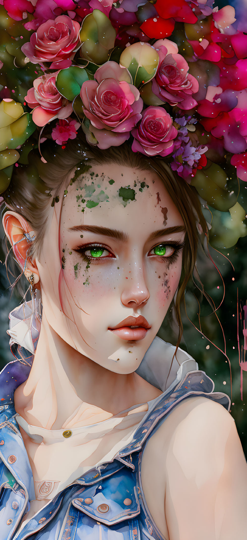 Digital artwork: Woman with floral crown, freckles, green eyes, denim jacket, vibrant flowers