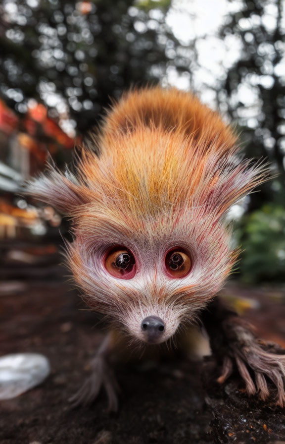 Whimsical creature with big round eyes and fluffy orange coat