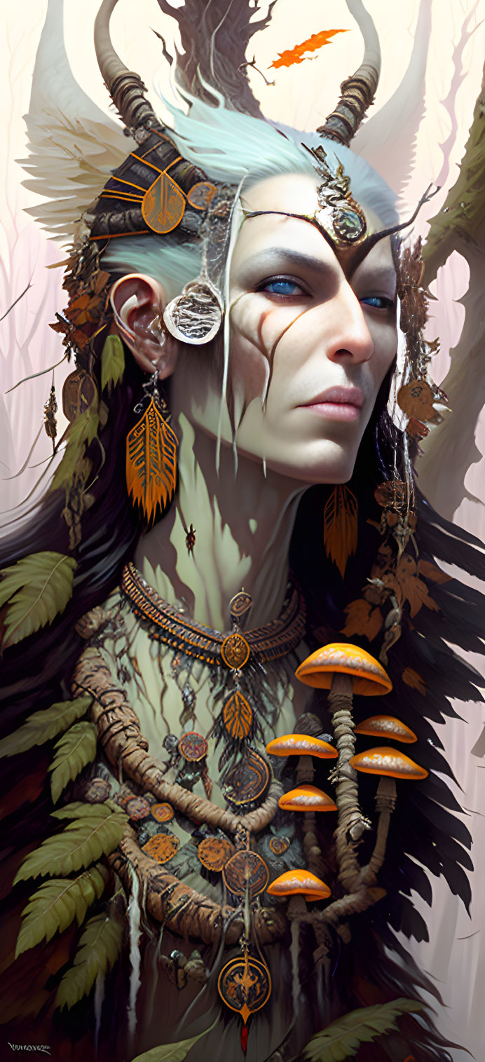 Fantasy character with blue eyes in ornate headdress and jewelry